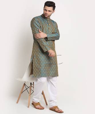 Men Jacquard Woven Design Blue Kurta & White Churidar Set 1