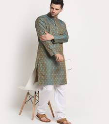 Men Jacquard Woven Design Blue Kurta & White Churidar Set