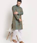 Men Jacquard Woven Design Blue Kurta & White Churidar Set