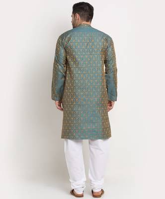 Men Jacquard Woven Design Blue Kurta & White Churidar Set 3