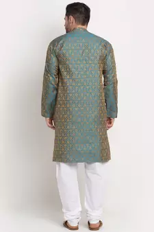 Men Jacquard Woven Design Blue Kurta & White Churidar Set