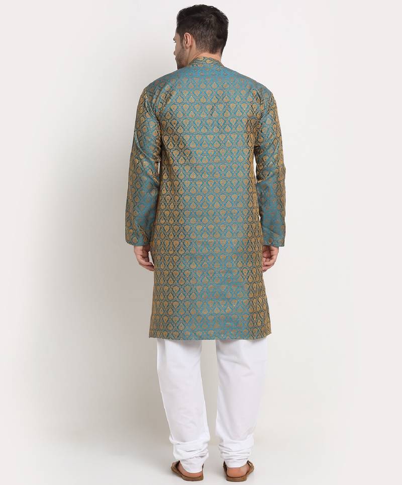 Men Jacquard Woven Design Blue Kurta & White Churidar Set