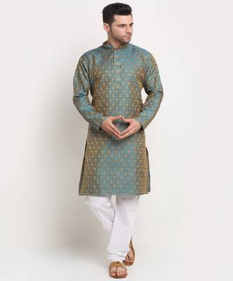 Men Jacquard Woven Design Blue Kurta & White Churidar Set 4