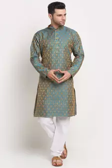 Men Jacquard Woven Design Blue Kurta & White Churidar Set