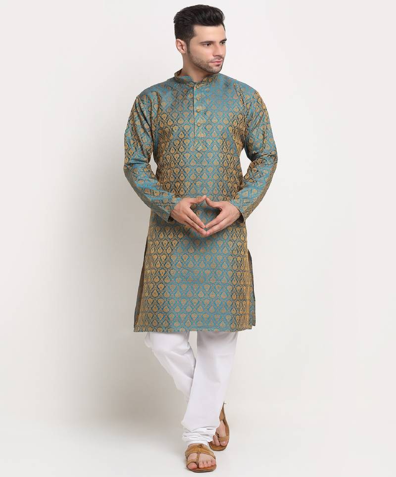 Men Jacquard Woven Design Blue Kurta & White Churidar Set