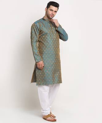 Men Jacquard Woven Design Blue Kurta & White Churidar Set 5