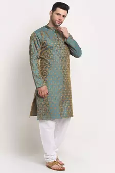 Men Jacquard Woven Design Blue Kurta & White Churidar Set