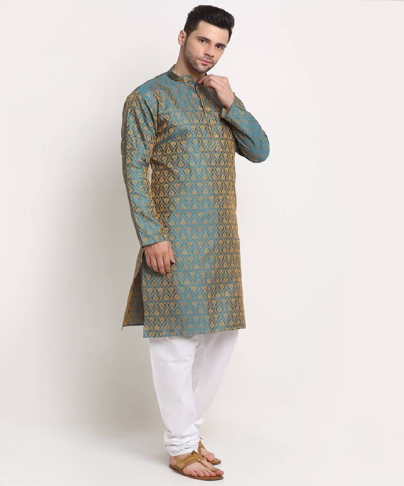 Men Jacquard Woven Design Blue Kurta & White Churidar Set