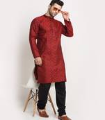Men Jacquard Woven Design Red Kurta & Black Churidar Set