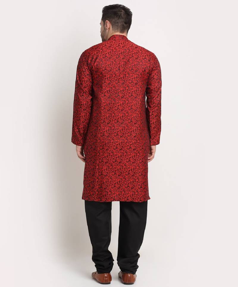 Men Jacquard Woven Design Red Kurta & Black Churidar Set