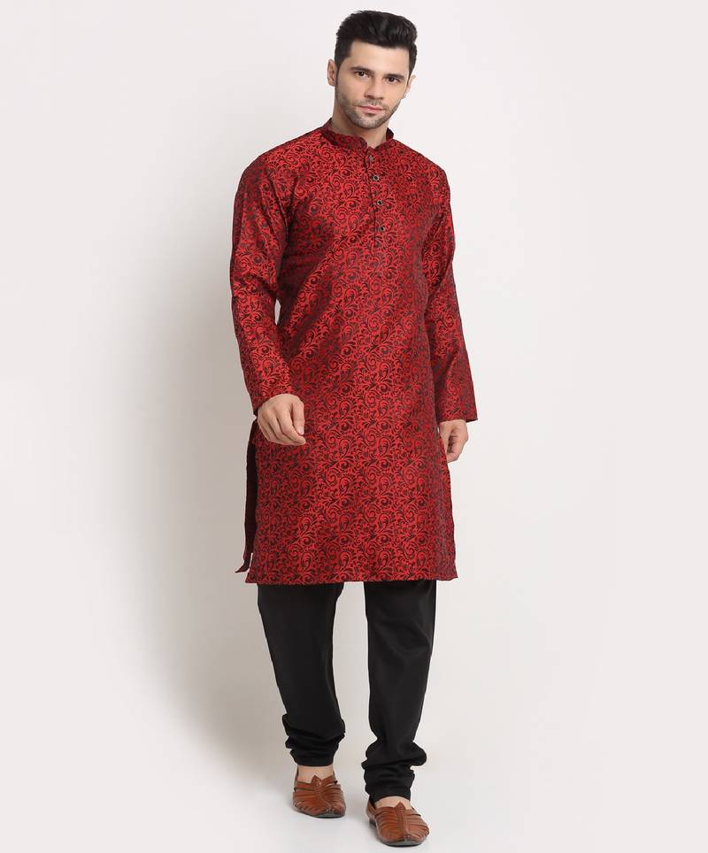 Men Jacquard Woven Design Red Kurta & Black Churidar Set