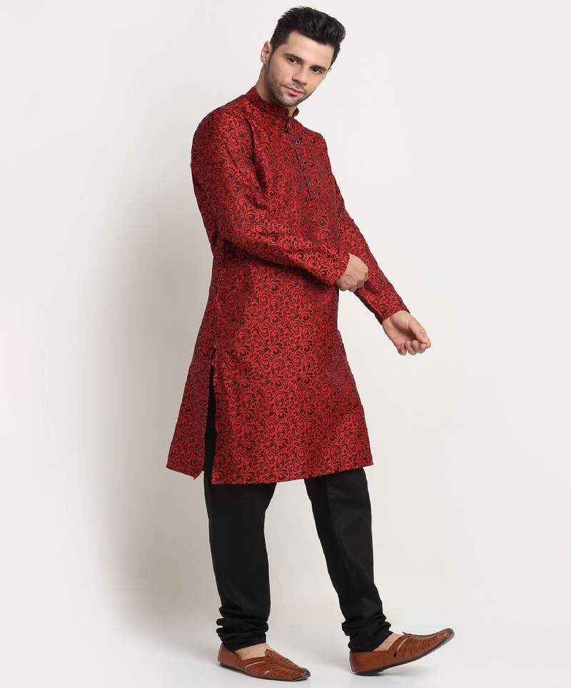 Men Jacquard Woven Design Red Kurta & Black Churidar Set