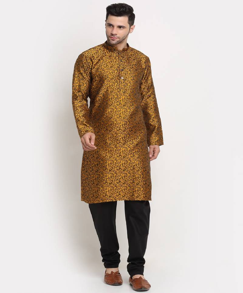 Men Jacquard Woven Design Yellow Kurta & Black Churidar Set