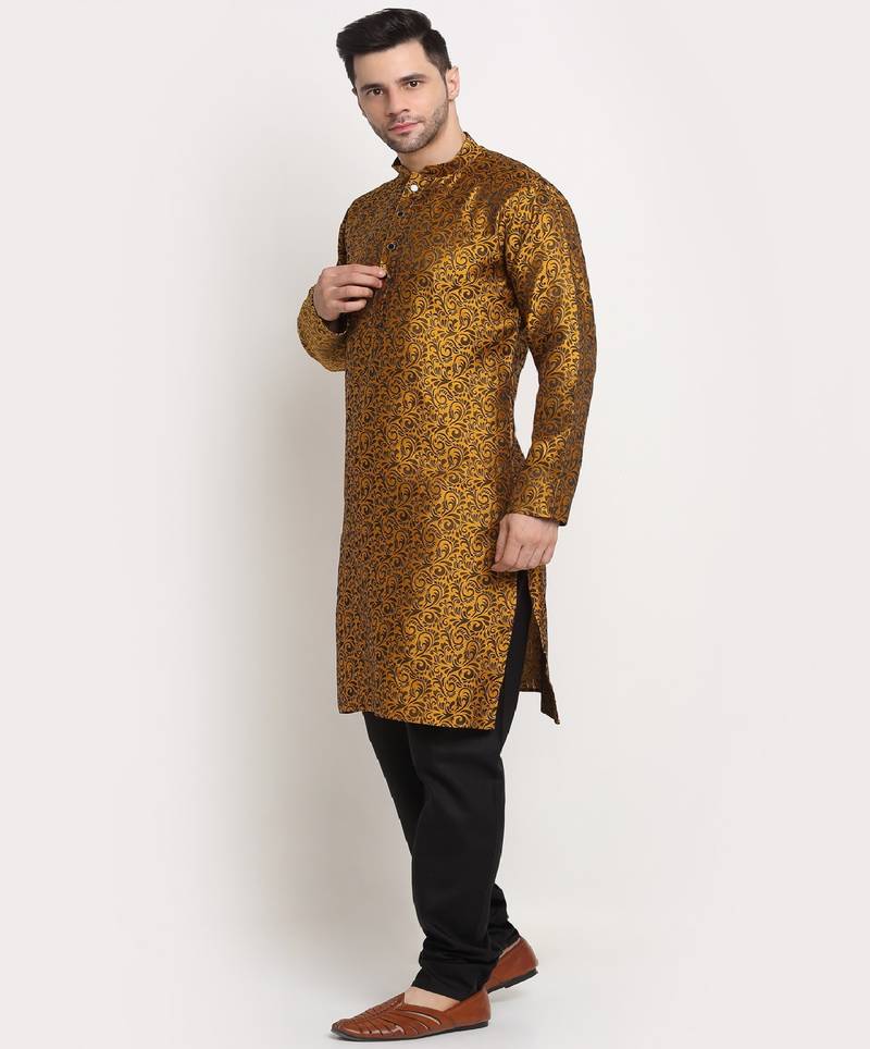 Men Jacquard Woven Design Yellow Kurta & Black Churidar Set