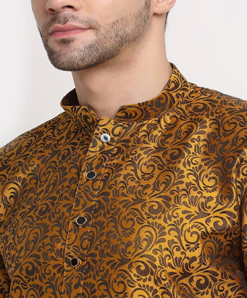 Men Jacquard Woven Design Yellow Kurta & Black Churidar Set