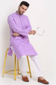 Men Cotton Embroided Purple Kurta & Pyjamas Set