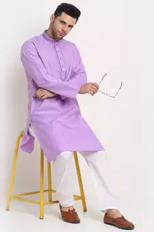Men Cotton Embroided Purple Kurta & Pyjamas Set
