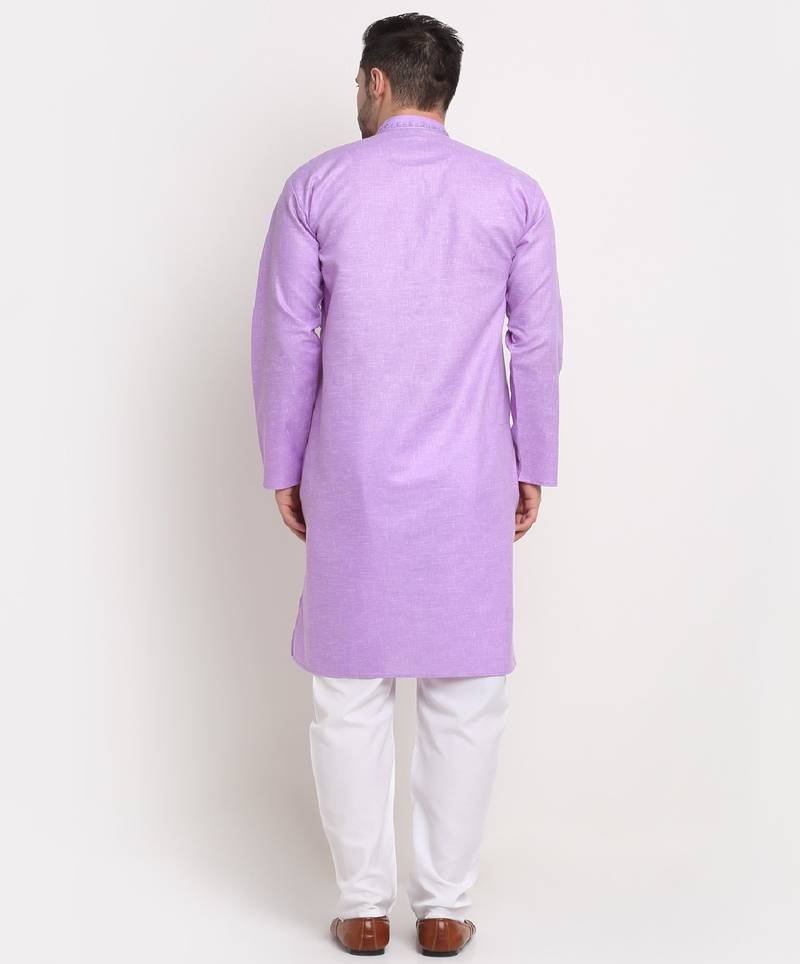 Men Cotton Embroided Purple Kurta & Pyjamas Set