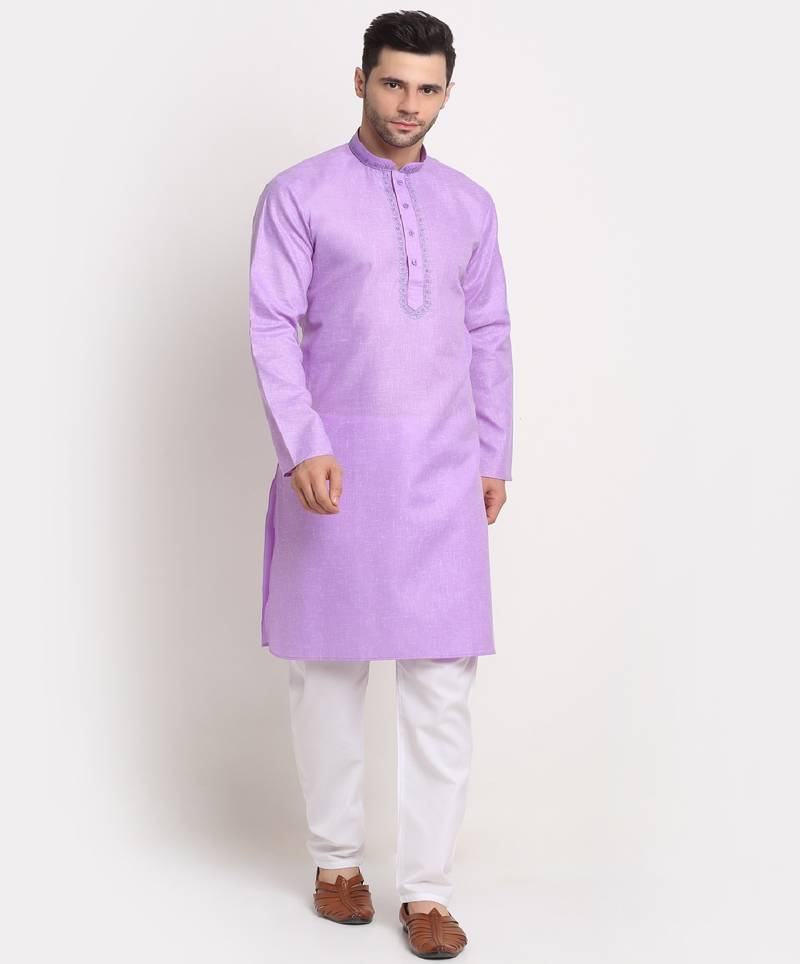 Men Cotton Embroided Purple Kurta & Pyjamas Set