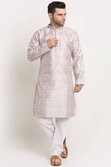 Men Thread work Sequence Green Kurta & White Churidar Set