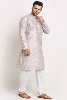 Men Thread work Sequence Green Kurta & White Churidar Set