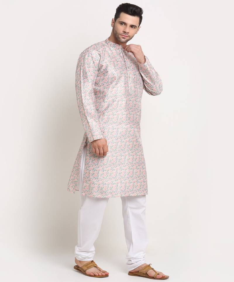 Men Thread work Sequence Green Kurta & White Churidar Set