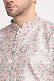 Men Thread work Sequence Green Kurta & White Churidar Set