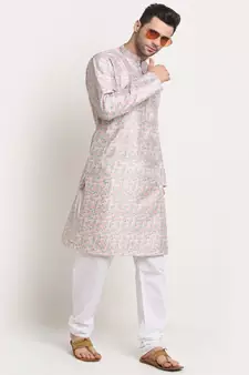 Men Thread work Sequence Green Kurta & White Churidar Set