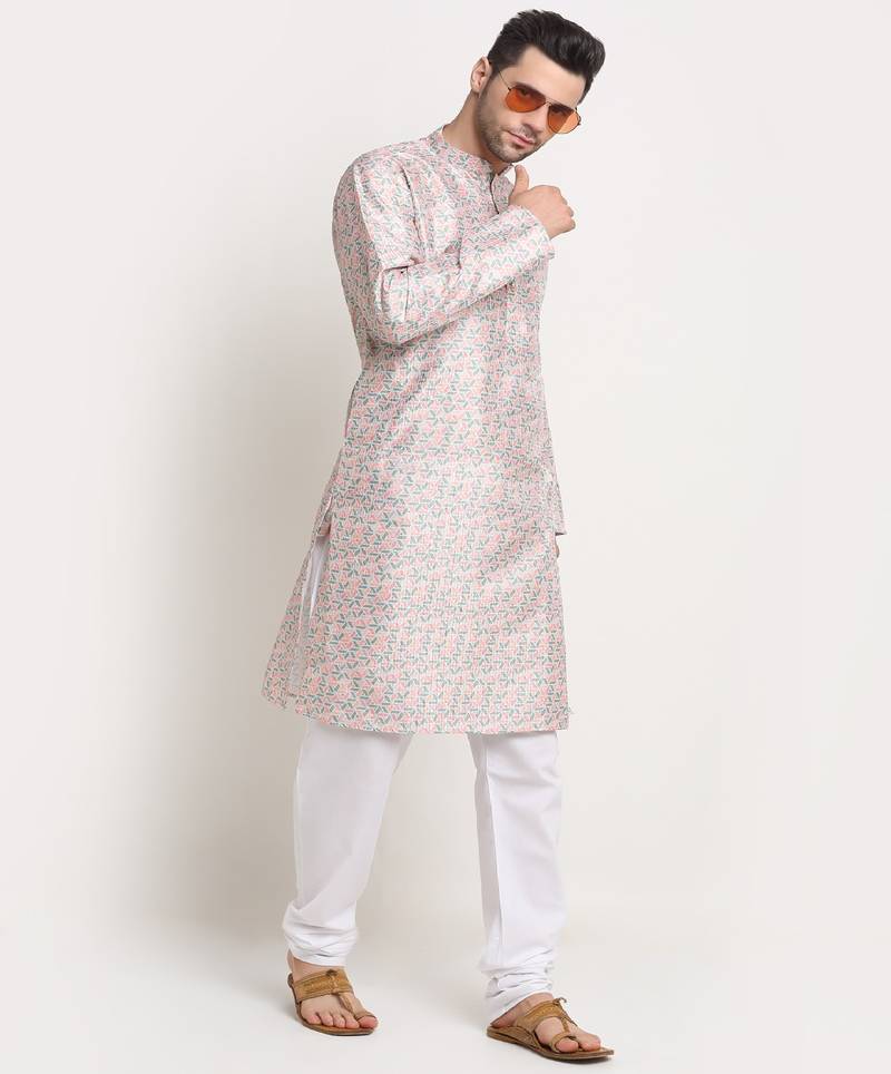 Men Thread work Sequence Green Kurta & White Churidar Set