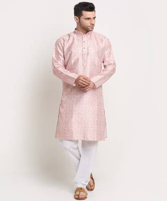 Men Thread work Sequence Peach Kurta & White Churidar Set 1