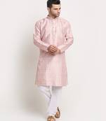 Men Thread work Sequence Peach Kurta & White Churidar Set