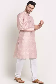 Men Thread work Sequence Peach Kurta & White Churidar Set