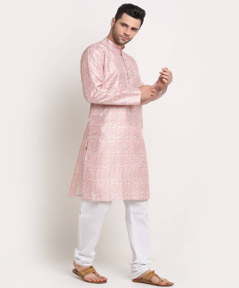 Men Thread work Sequence Peach Kurta & White Churidar Set