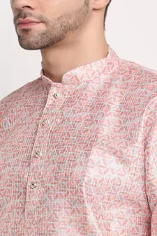 Men Thread work Sequence Peach Kurta & White Churidar Set