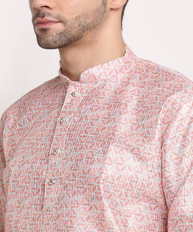 Men Thread work Sequence Peach Kurta & White Churidar Set