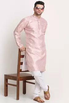 Men Thread work Sequence Peach Kurta & White Churidar Set