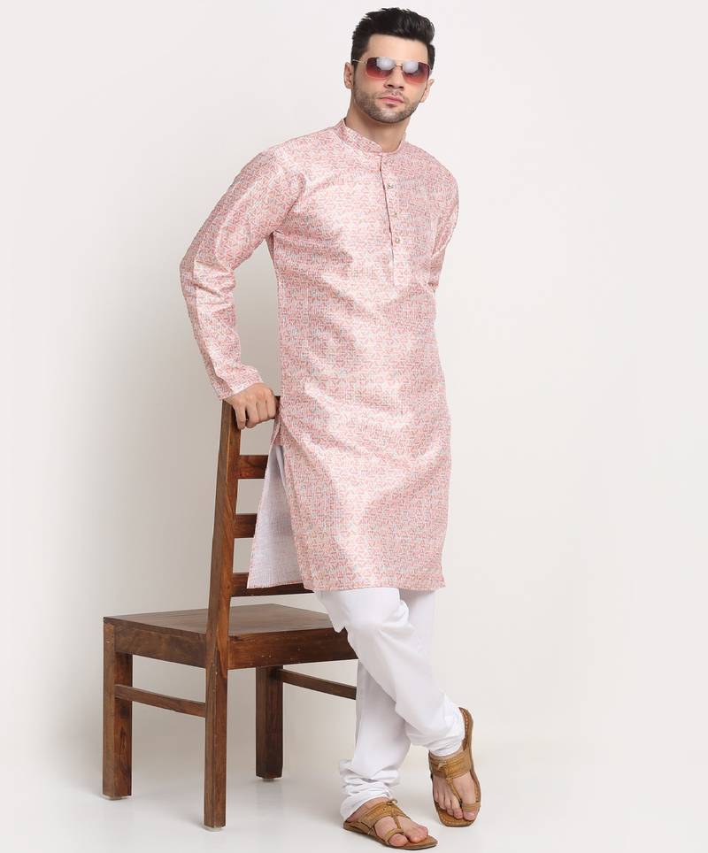 Men Thread work Sequence Peach Kurta & White Churidar Set