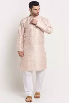 Men Thread work Sequence Yellow Kurta & White Churidar Set