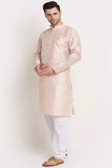 Men Thread work Sequence Yellow Kurta & White Churidar Set