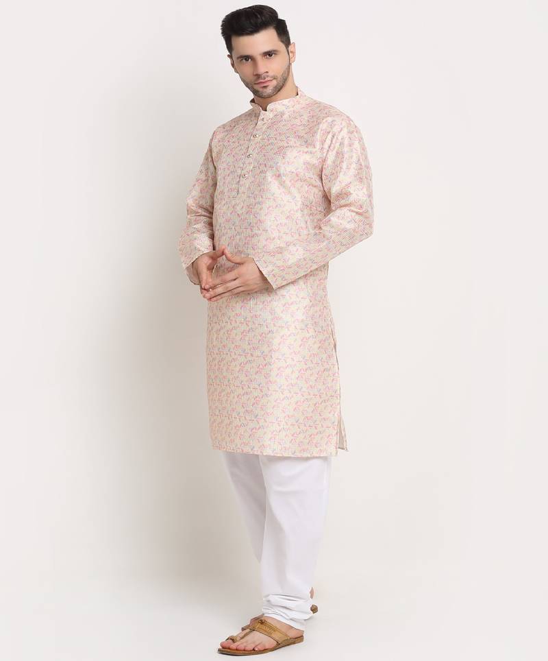 Men Thread work Sequence Yellow Kurta & White Churidar Set