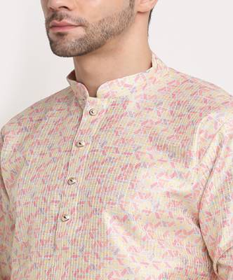 Men Thread work Sequence Yellow Kurta & White Churidar Set 3