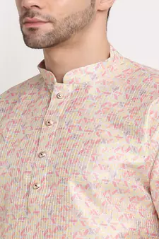 Men Thread work Sequence Yellow Kurta & White Churidar Set