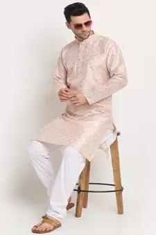Men Thread work Sequence Yellow Kurta & White Churidar Set