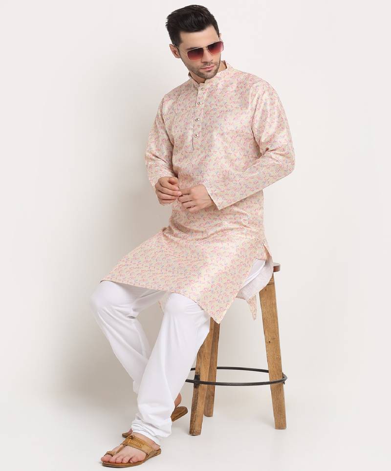 Men Thread work Sequence Yellow Kurta & White Churidar Set