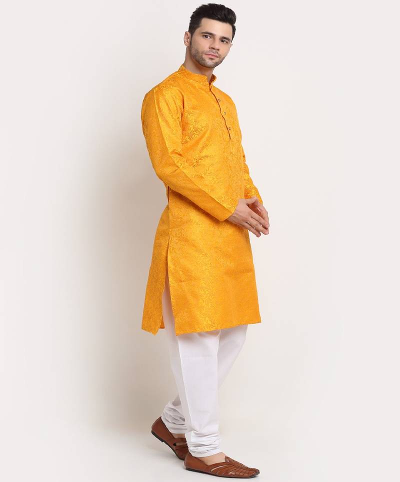 Men Jacquard Woven Design Yellow Kurta & White Churidar Set