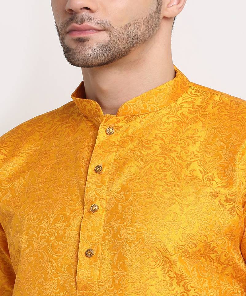 Men Jacquard Woven Design Yellow Kurta & White Churidar Set