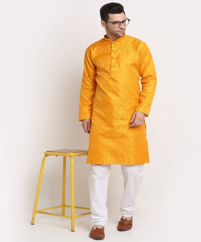 Men Jacquard Woven Design Yellow Kurta & White Churidar Set