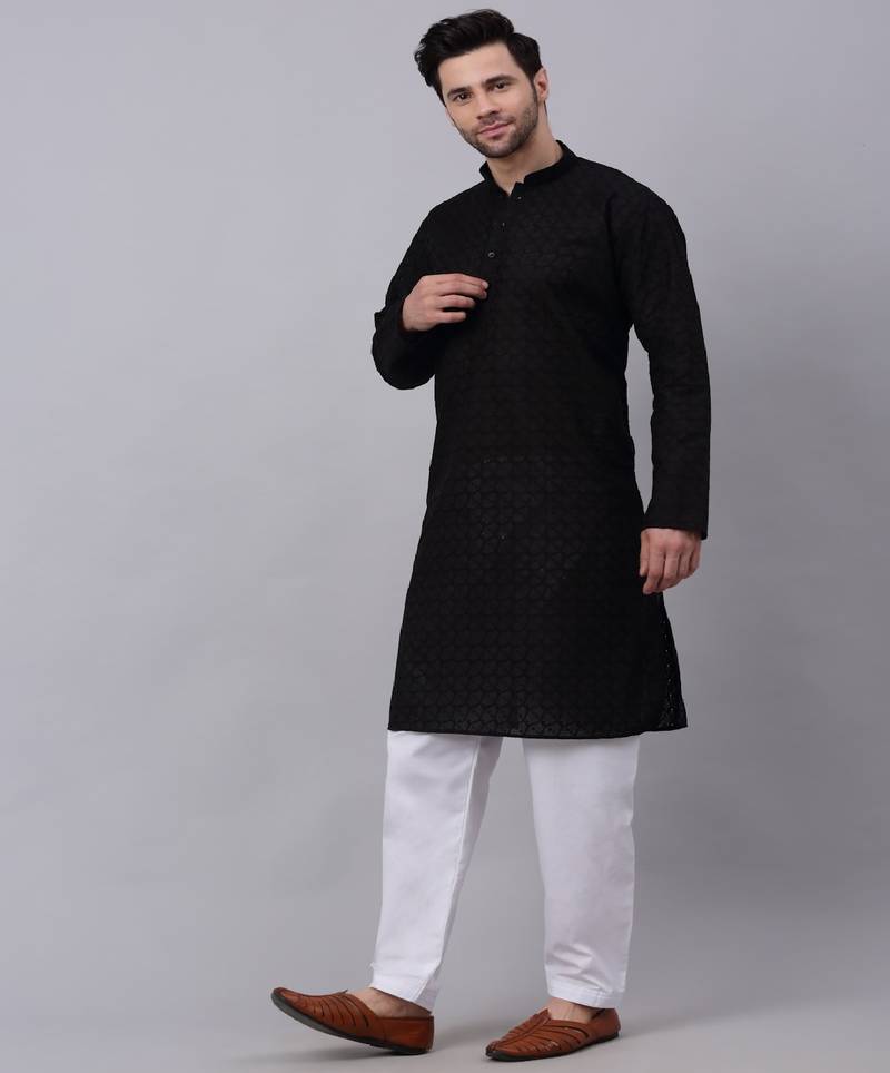 Men Black Chikankari Kurta with white Salwar