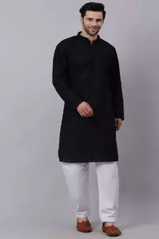 Men Black Chikankari Kurta with white Salwar