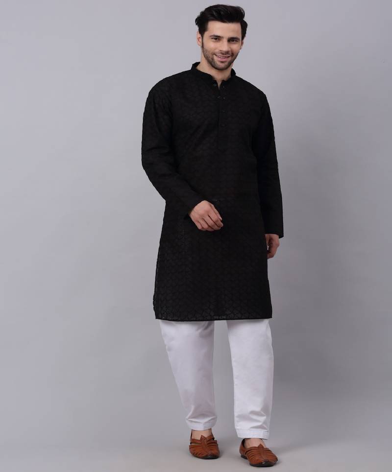 Men Black Chikankari Kurta with white Salwar